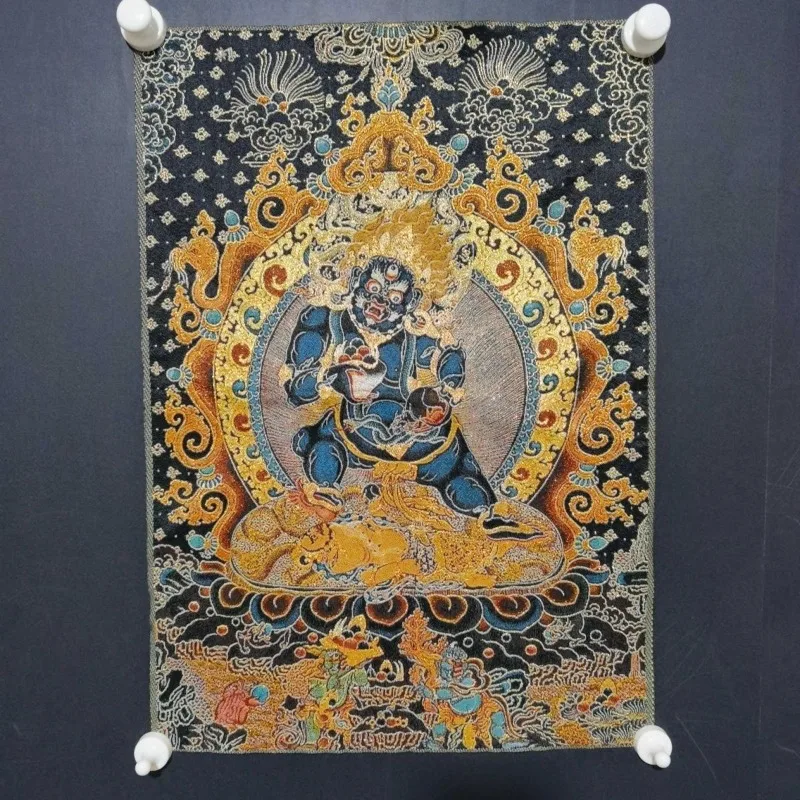 40X60 cm Tibetan Buddhist Wealth Deity Silk Brocade Tapestry, Black Gold Embroidered Wall Art for Altar Home Decor