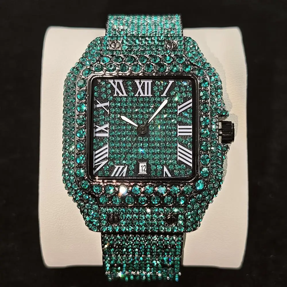 Orologio quadrato di nuova moda per uomo Orologio da polso al quarzo in acciaio inossidabile di lusso Hip Hop Green Diamond Bling Orologi Uomo Dropshipping