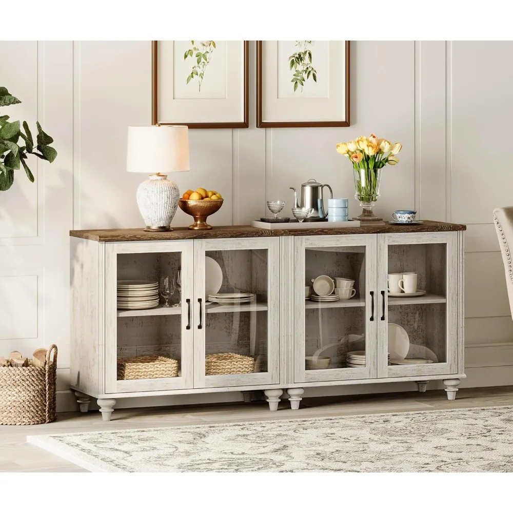 

Farmhouse Sideboard Buffet Cabinets with 4-Glass Door, Kitchen Storage Cabinets, Wood Coffee Bar Tables with Adjustable Shelf
