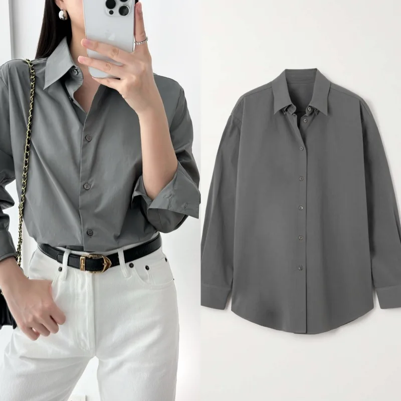 

Autumn and Winter High-grade Cotton Gray Long-sleeved Shirts