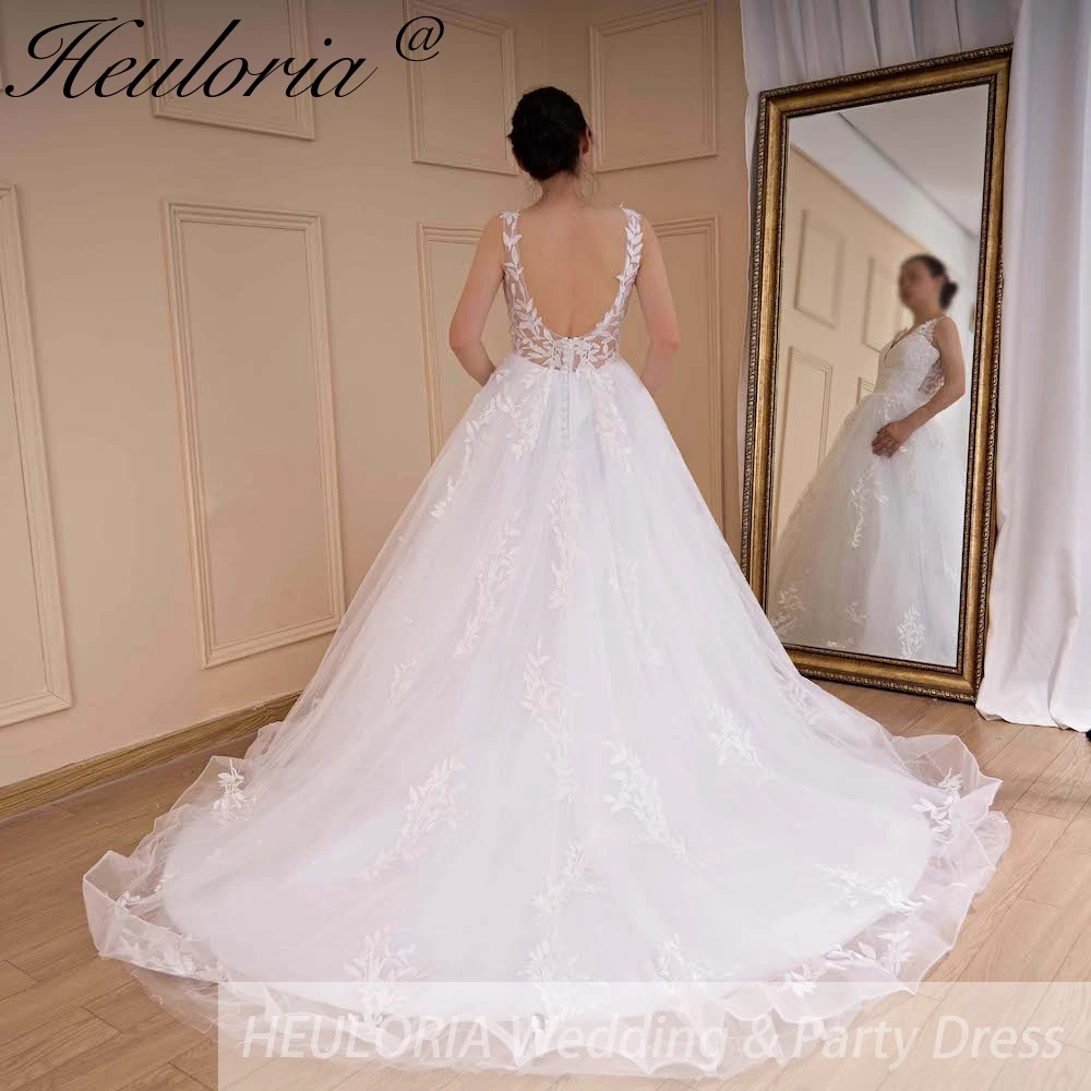 HEULORIA Elegante vestido de casamento de princesa com decote em V longo trem renda applique vestido de noiva Robe De Mariee vestido de noiva de casamento