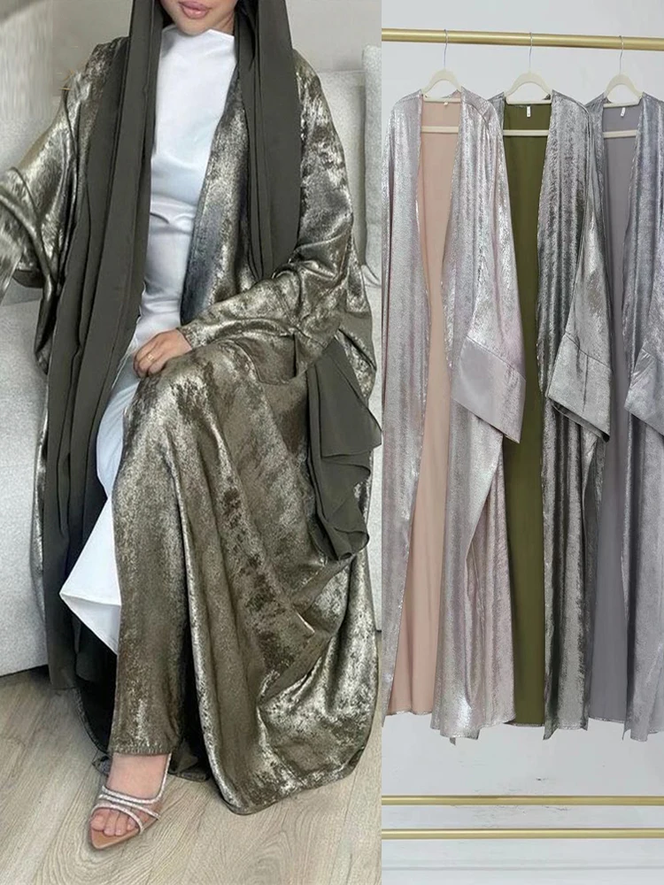 Kimono abierto de satén brillante para mujer, Abaya de lujo, Abayas musulmanas, Kaftan vestido, ropa islámica, Ramadán Eid, Dubai, 2024