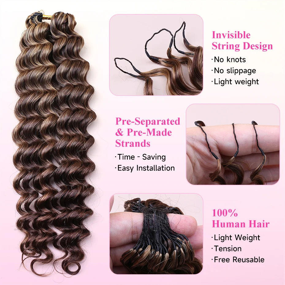 Miracle Knots Feather Crochet Hair Highlight Colored Deep Wave 100% Human Hair Pre Looped Pre-braided Feathered Crochet Invisible Knots Raw Vietnamese Human Hair Natural Deep Curly Bundles Locs Boho Braids Free Shipping view 2