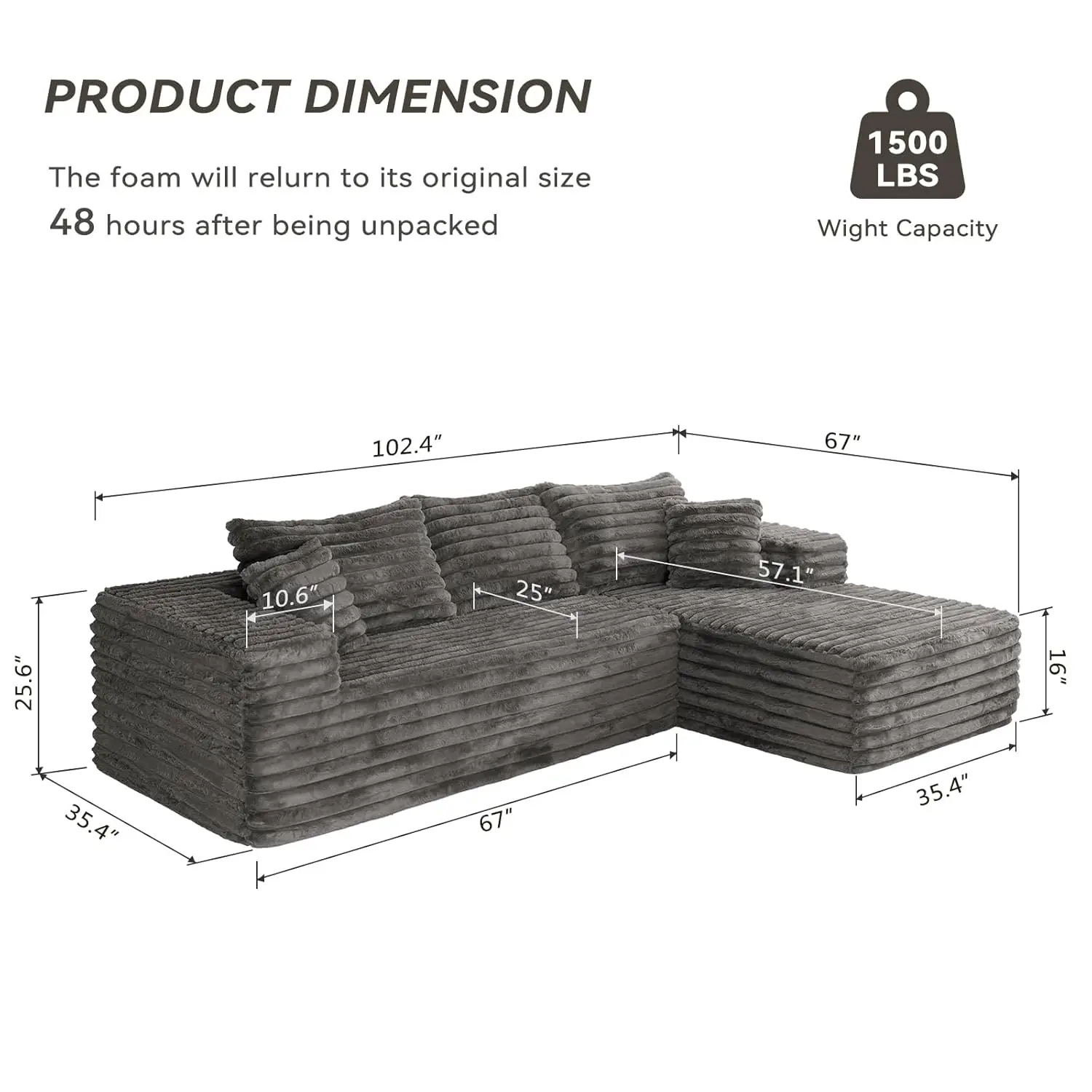 103" L Shaped Sectional Boneless Couch for Living Room, Modern Modular Cloud Sofa with Right Facing Chaise, Comfy, Customized - view 2