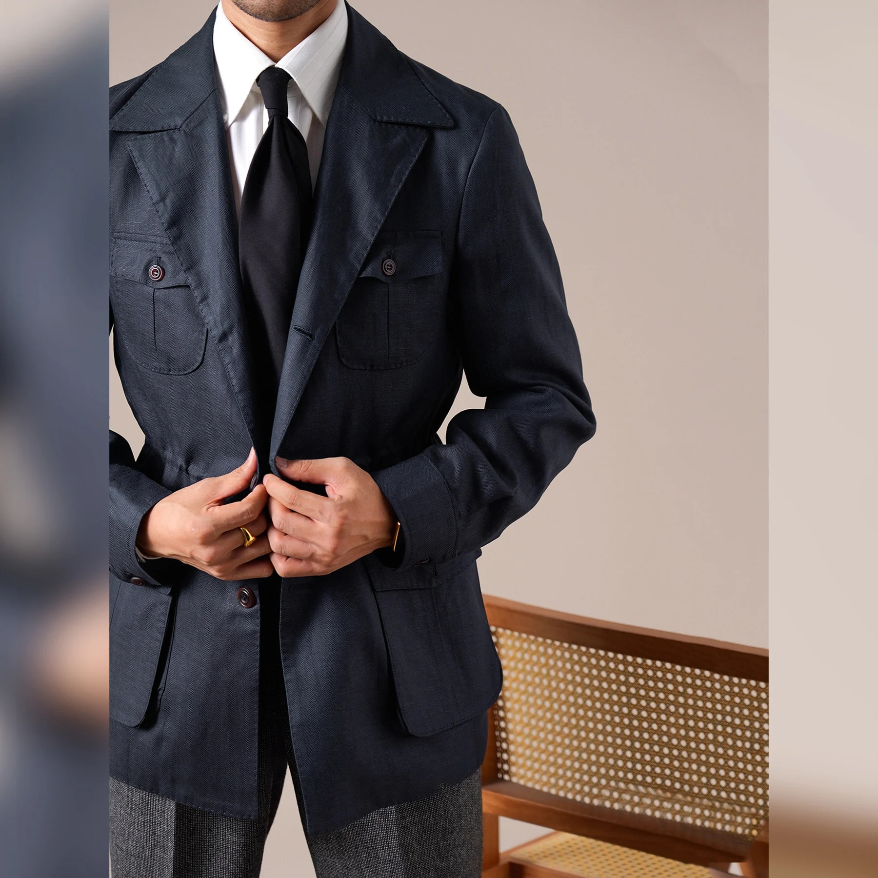 Hunting Jacket Men Retro Gentleman Style Tencel Linen Blend Casual Business Suit Collar Coat Male Trench Coat Male Trench Coat