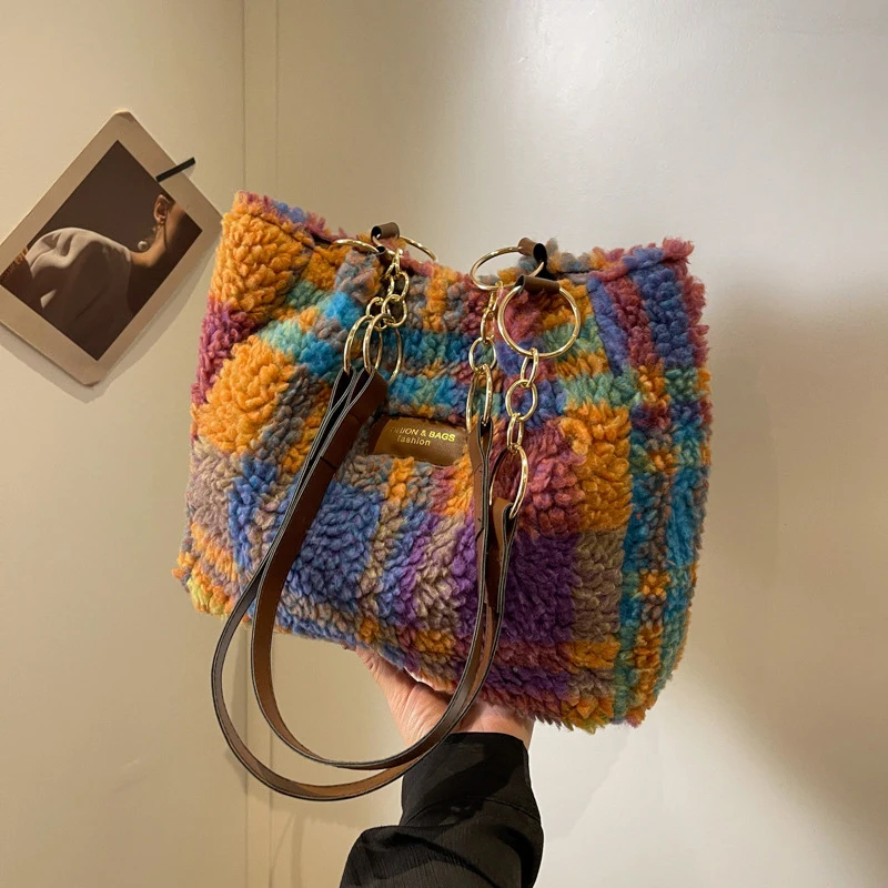 حقيبة كتف منقوشة من القطيفة على شكل خروف مخملي وحقيبة كروس، سعة كبيرة، حقيبة يد عصرية للخريف والشتاء في الهواء الطلق