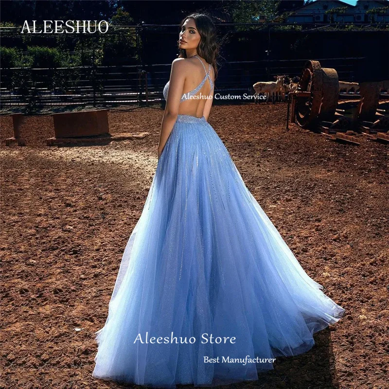 Cleeshuo-Robe de Soirée en Tulle à Paillettes et Dos aux, Tenue de Princesse Élégante à Plis à Plusieurs Niveaux, Bleu Ciel, 2024