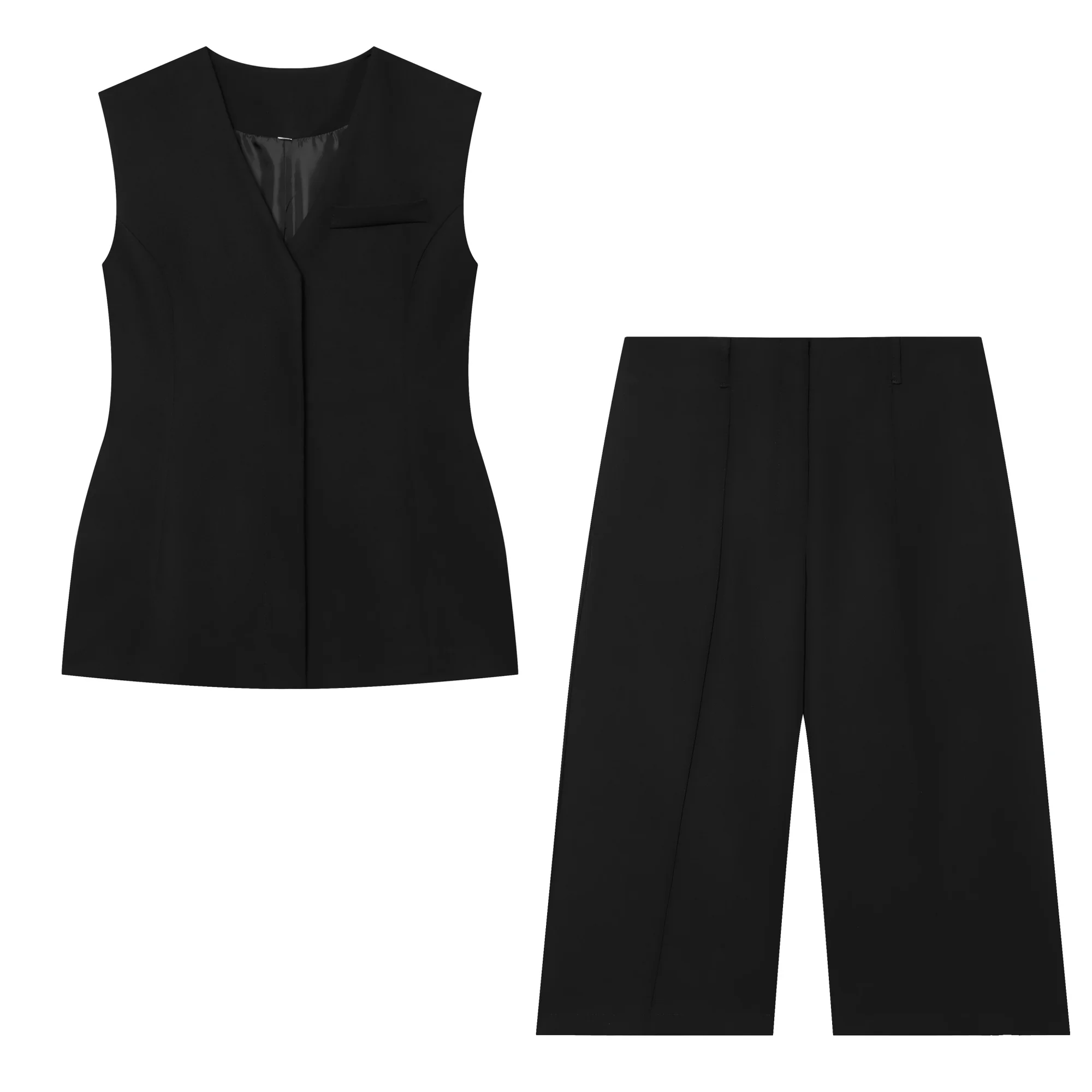 Women's High Waisted Casual Shorts Suit Set Female Chic Hidden Button Closure Vest Or Lady Elegant Wide Leg Half Pants image 3