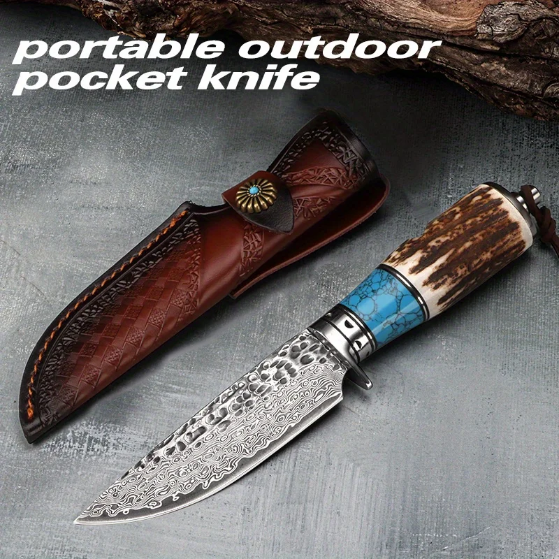 

Damascus steel, natural antler handles - brown leather case, composite bevel blade design, portable outdoor knives, ergonomic gr