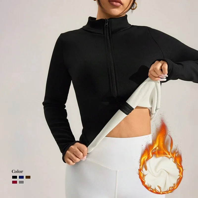 Women Fleece Lined Stand Collar Zip Up Yoga Jacket Long Sleeve Outdoor Warm Sports Top Ladies Activewear for Running Gym Workout