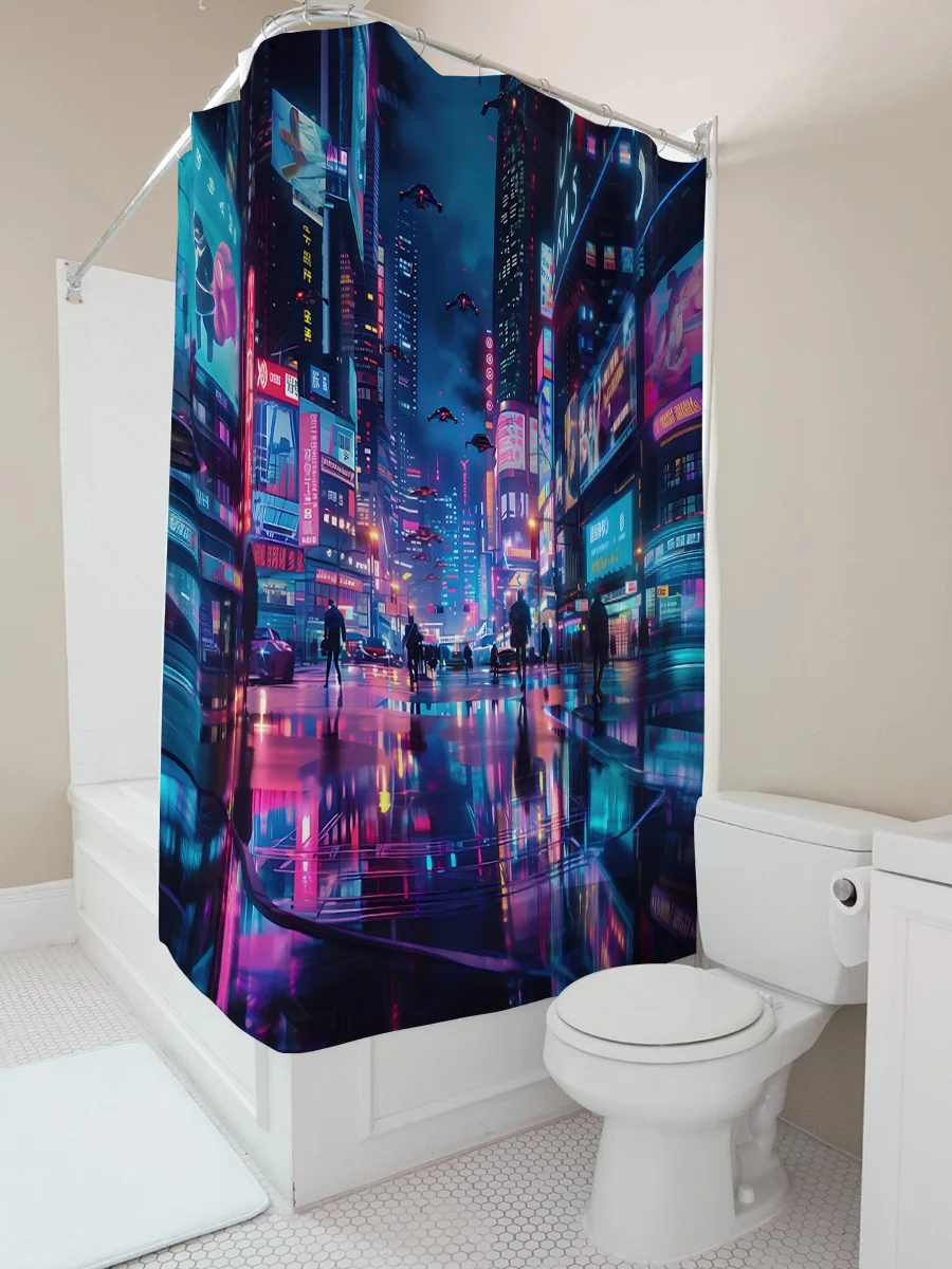 Cyberpunk Future City Night View Shower Curtain Cyber Style Decor Waterproof Mildewproof for Bathroom Home Decor Essential