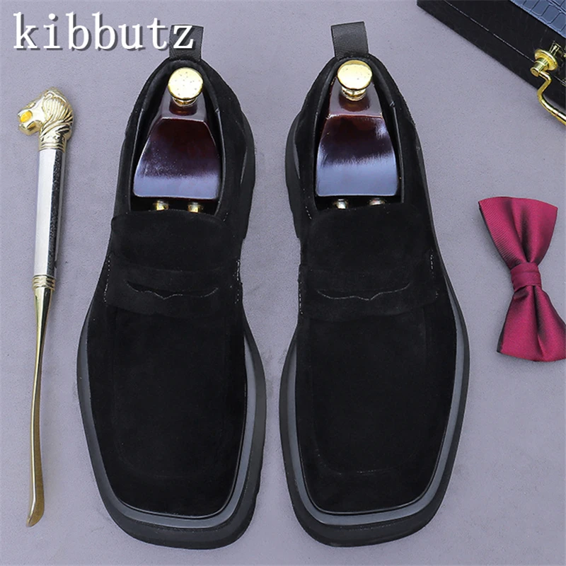 

Designer New Thick Soled Suede Leather Loafers Men Fashion Square Toe British Frosted Business Formal Leather Shoes