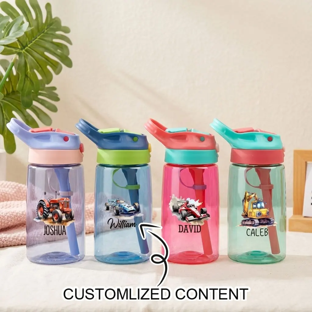 2026 New Kids Custom Name Straw Water Bottle, Lightweight Leakproof Cartoon Engineering Car Water Cup for Travel Picnic Outdoor.