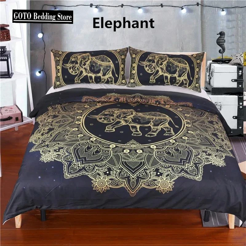 

New Bohemia Indian Elephant Bedding Set Hot Gold Pattern Double Duvet Cover Sets Pillowcases Mandala Bedding Sets Bedroom 859