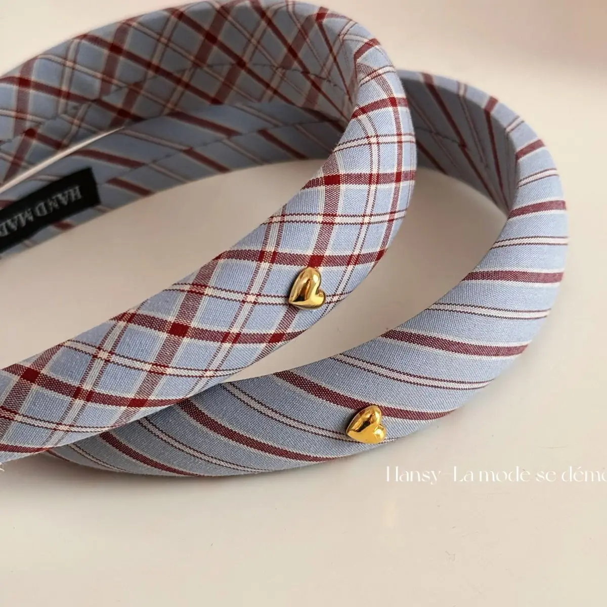 Headband Blue Plaid Gold Heart Fabric Secure Fit Elegant Retro Sweet High Crown Hair Accessory for Women Daily Office Party