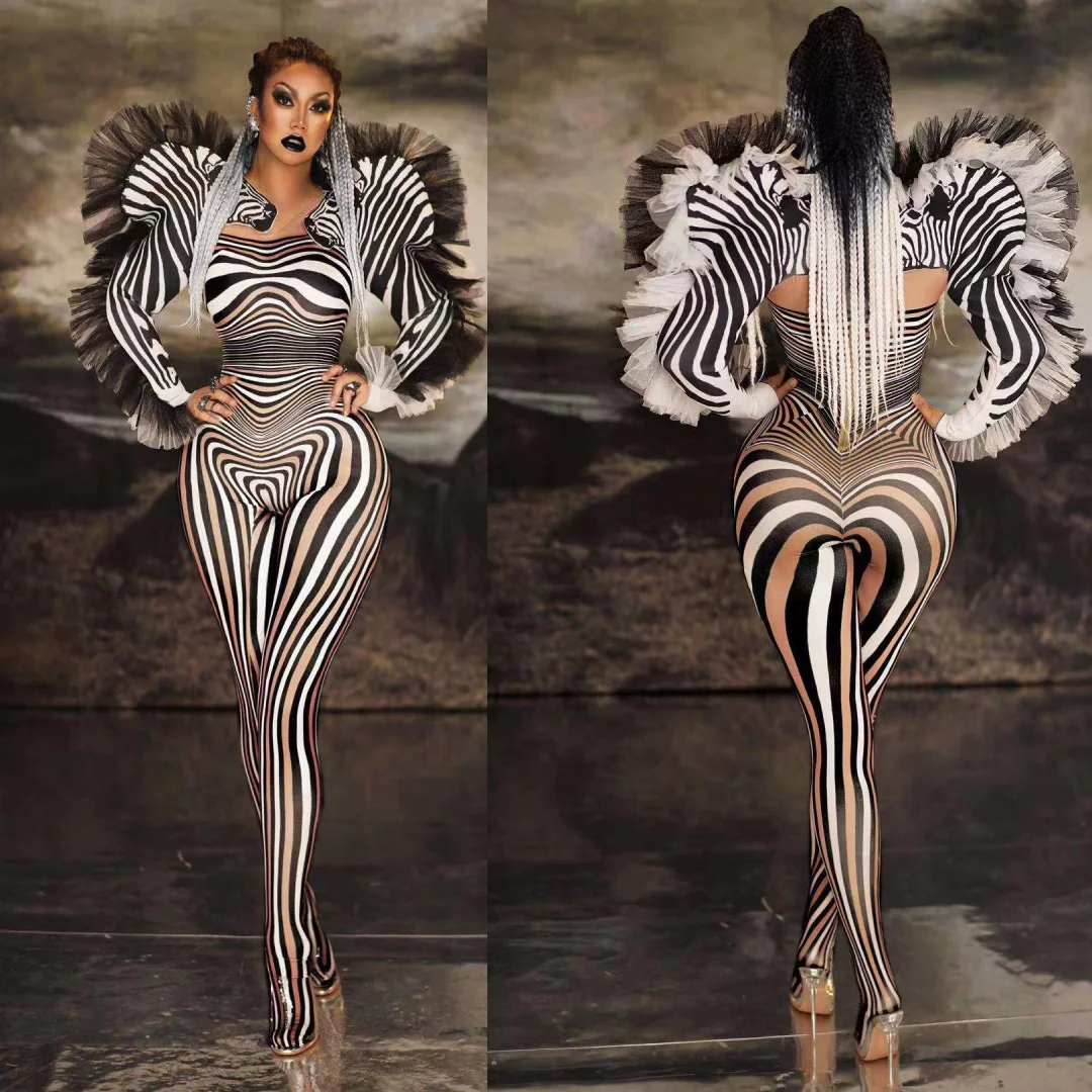 퍼포먼스 쇼 의상 패션 스트라이프 얼룩말 무늬 점프수트 여성 가수 섹시 무대 의상 바 DS 댄스 코스프레 바디수트