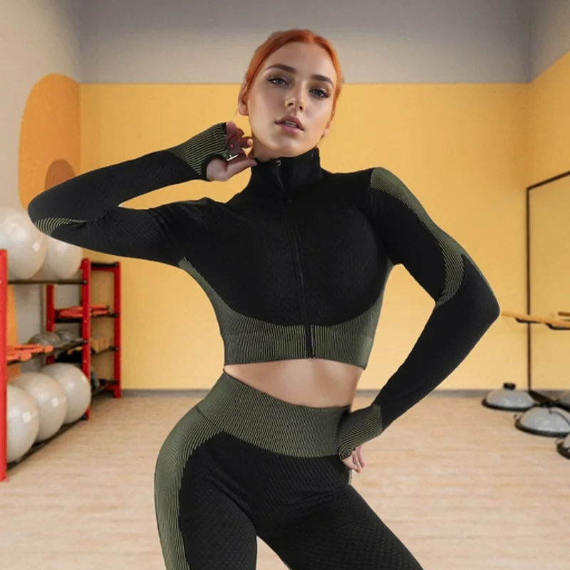 UFO019 Women's 3-Piece Color Block Yoga Set High Impact Sports Bra Long Sleeve Workout Top Fitness Training Activewear Set