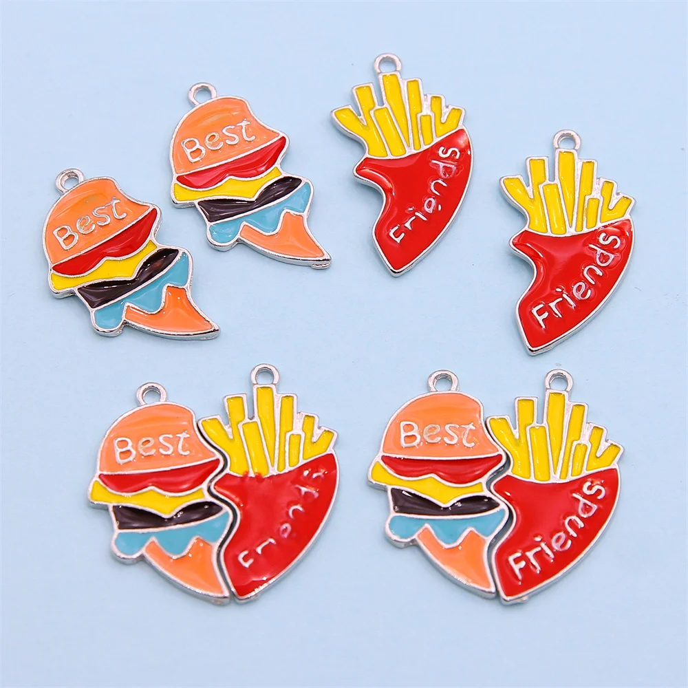 5 sets (10 pieces) 32*17mm French fries burger shape best friend puzzle pieces pendant DIY metal bracelet necklace jewelry acces