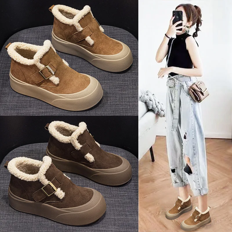 2026 New 4.5cm Winter Cow Suede with Plush Warm Snow Boots Flat Platform Shoes Increase Boots Women Casual Shoes Cotton Boots