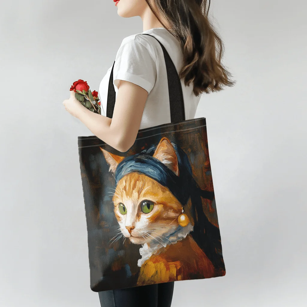 Women'S Tote Bag with Artistic Cat & Pearl Earring Design,Fashionable Shoulder Bag for Shopping, Daily Use, and Holiday Gifts