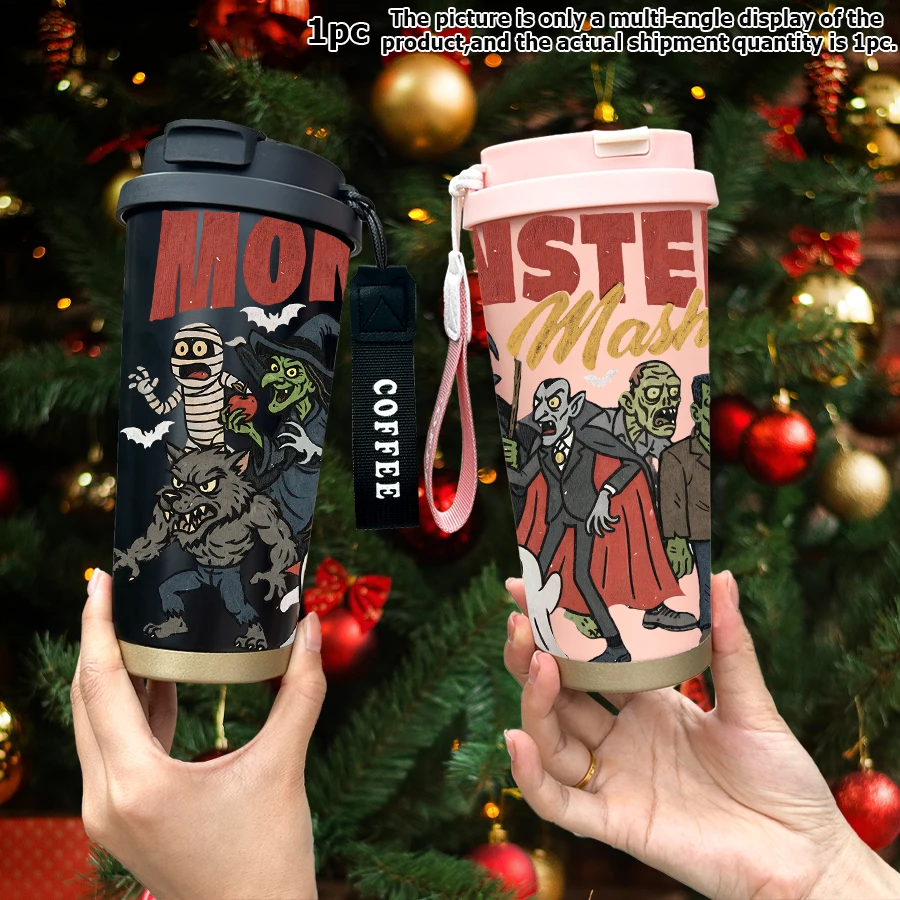 1pc 18oz stainless steel thermos bottle with straw, leak-proof cover and wrist strap. Santa witch zombie design.