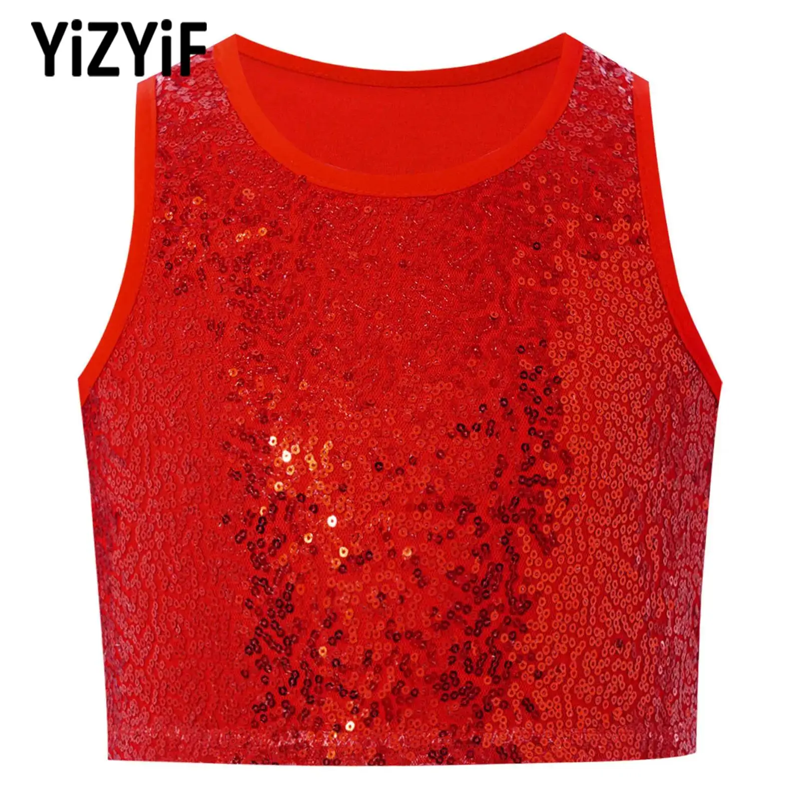 

Kids Sleeveless Vest Girls Sparkling Sequins Tank Top Jazz Dance Costume Top School Stage Performance Dancewear Hip Hop Clothes