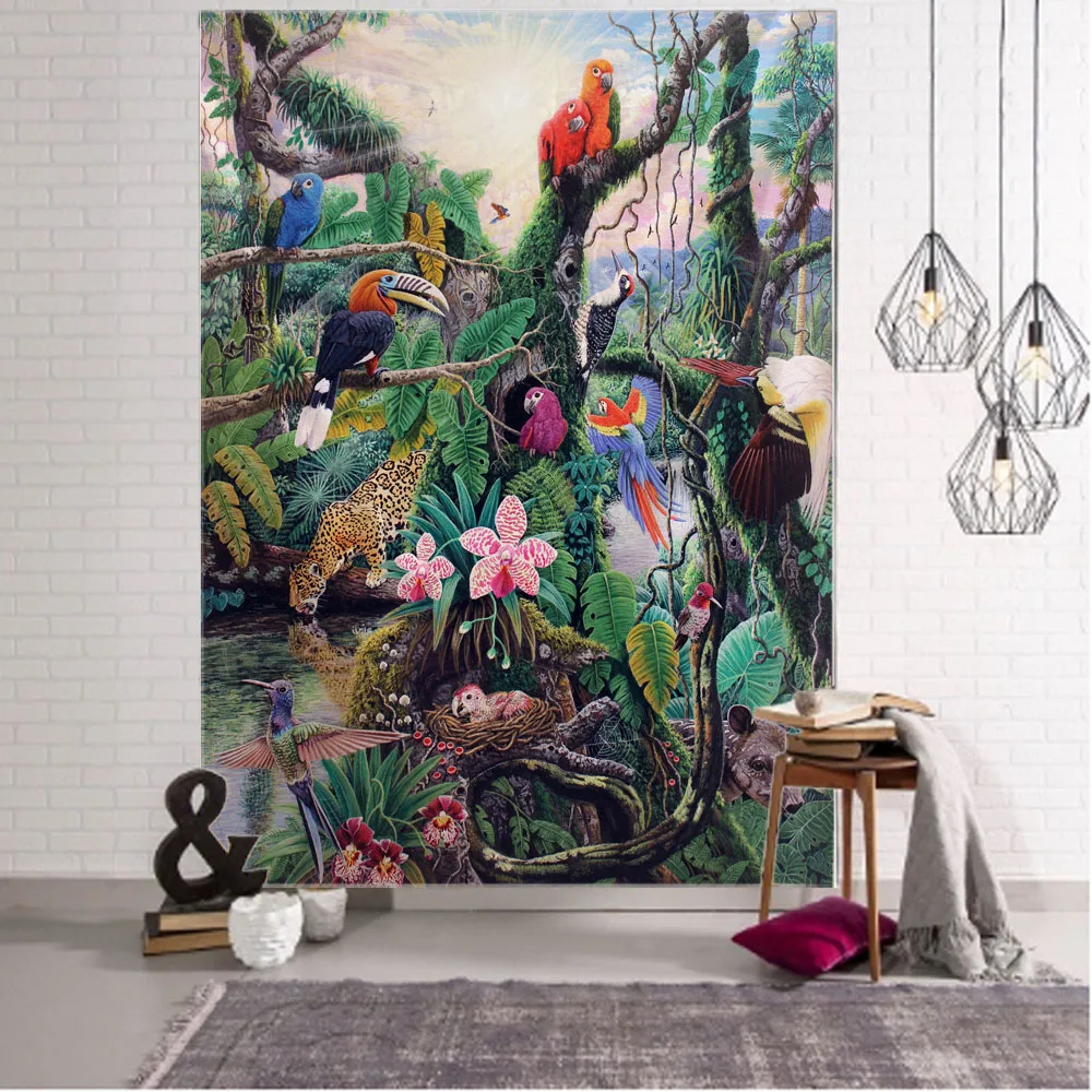 

Jungle Bird Art Tapestry Wall Hanging Fantasy Scene Home Wall Decoration Hippie Bohemian Aesthetics Room Art Decoration