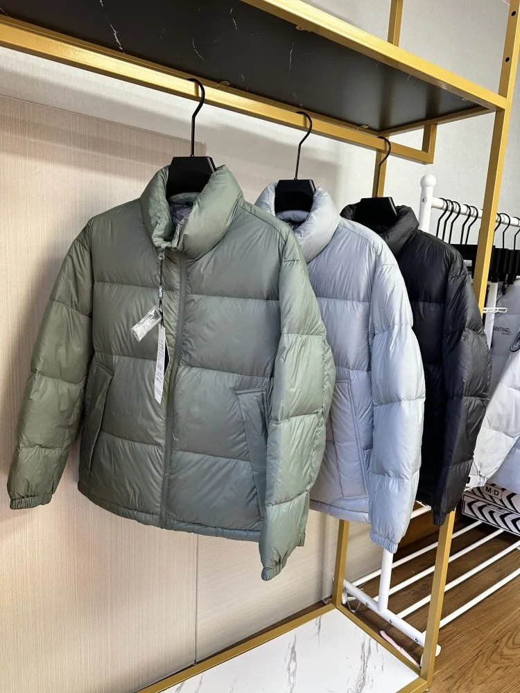 

90% White Du down Puffer Jaet Men's Casual Work Label Tail Single Winter Bread Sle Pure Color Stand Collar Coat