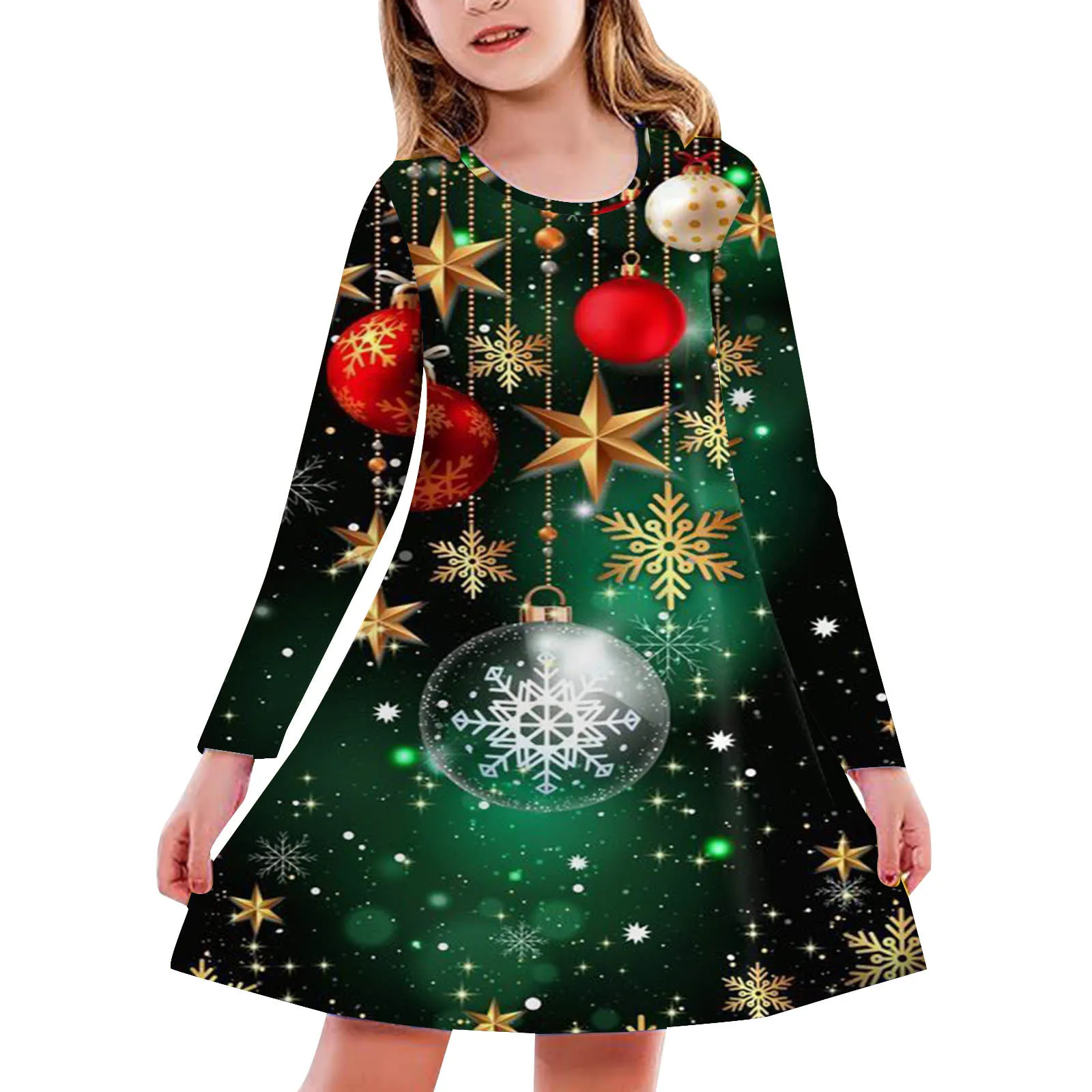 Kids Toddler Baby Girls Spring Autumn Print Christmas Ruffle Long Sleeve Dress Kids Outfit