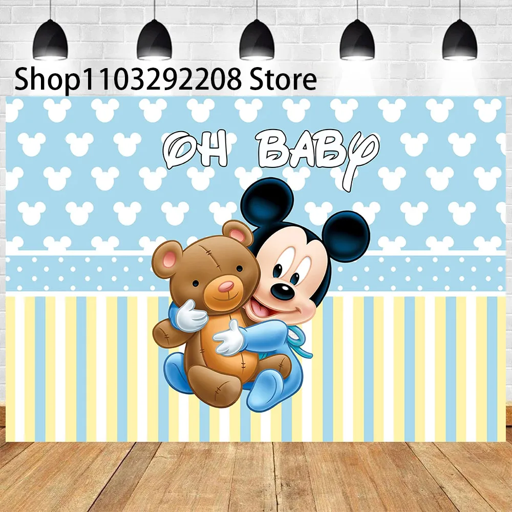 ﻿ Cartoon Blue Baby Mickey Minnie Mouse Theme Children Happy Birthday Background Baby Shower Gender Revealing Photography Banner