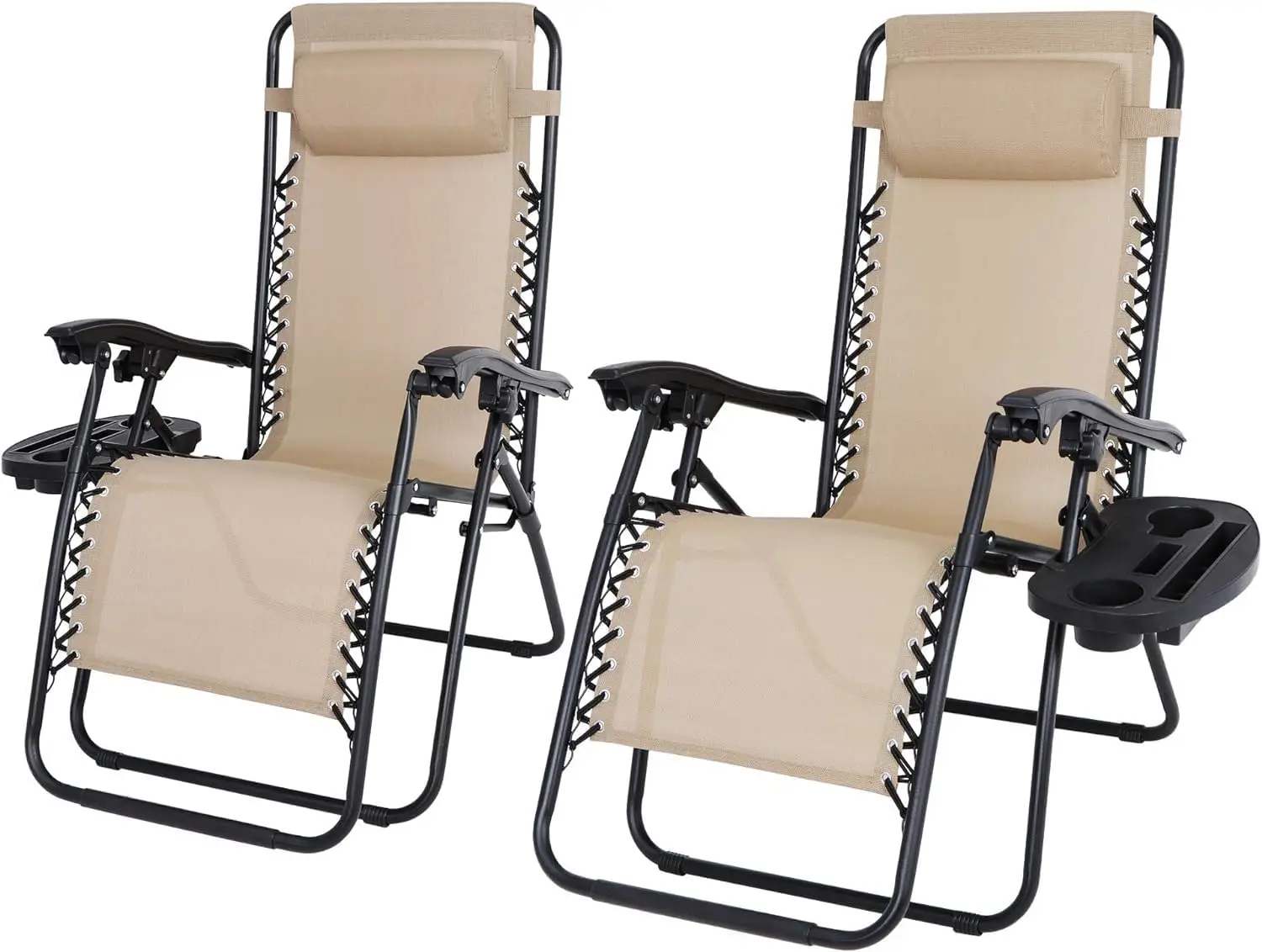 Lounge Chairs Set of 2 Adjustable Folding Recliners with Cup Holders and Headrest for Patio, Pool Deck Beach Yard