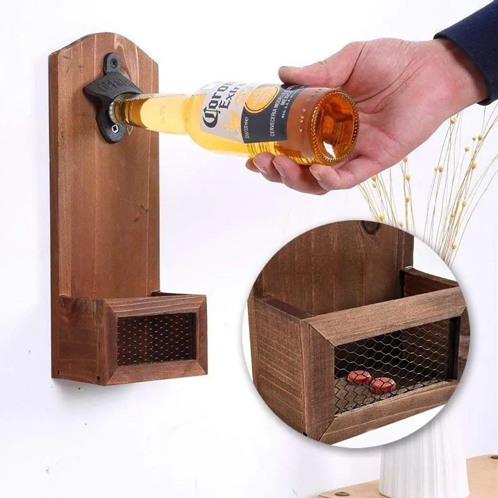 Wooden Bottle Opener Wall Mounted With Lid Gift Collector For Beer Lovers And Men Bar Home Decoration