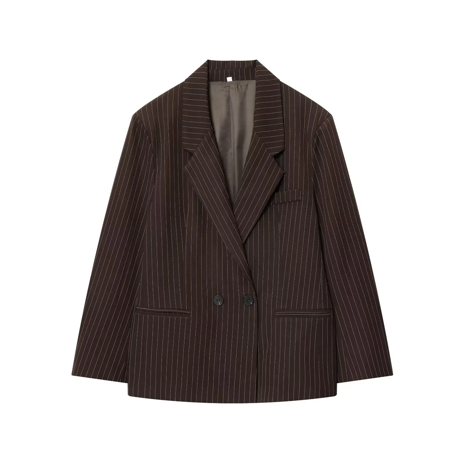 

Осень 2025, Новое поступление, текстурированный блейзер свободного кроя, коричневый, в вертикальную полоску, винтажный стиль, двубортный