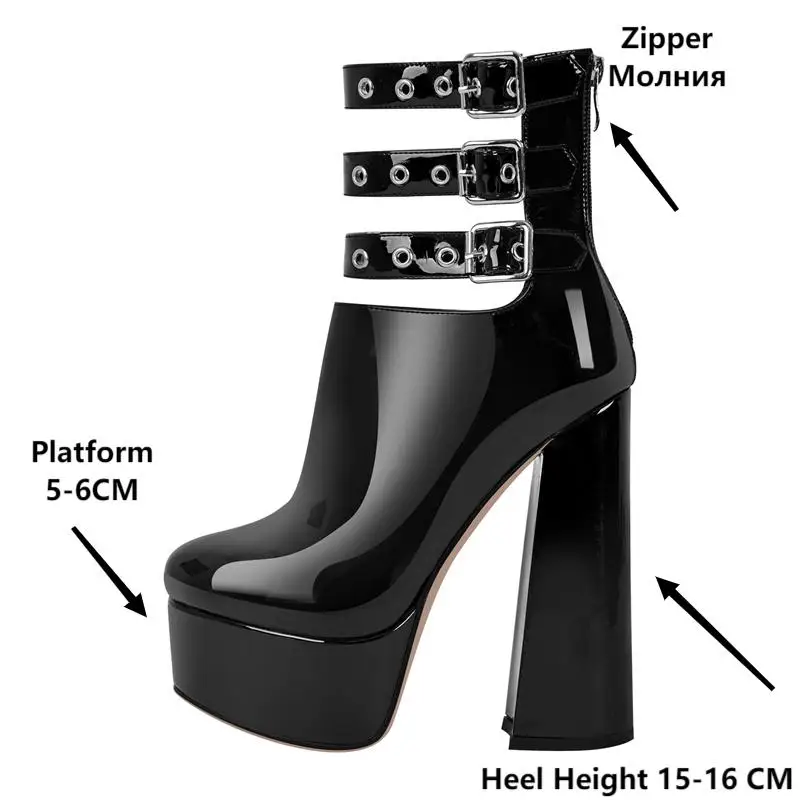 Onlymaker Women Platform Black Ankle Boots Patent Leather Round Toe Zipper Winter Punk  Boots