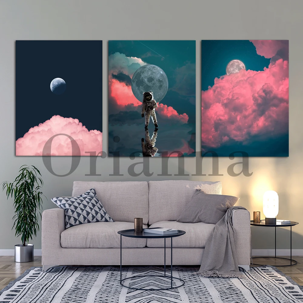 Half Moon Cloud Space Pink Skyscape Astronauts Wall Art Print Poster Nordic Modern Home Living Room Kid Room Decor Painting Gift