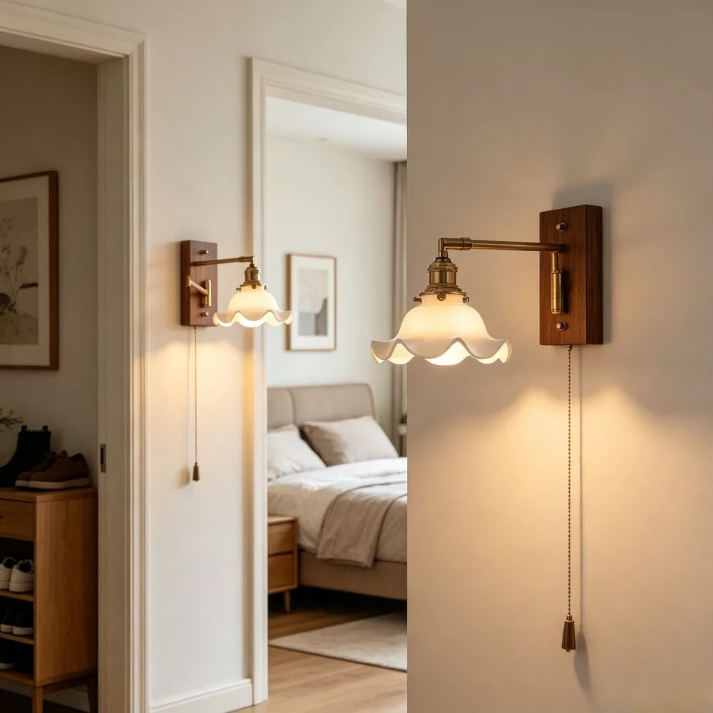 Pull Chain Switch LED Wall Lamp Beside Bedroom Living Room Light Arm Left Right Totate Wood Canopy Applique Murale Sconce