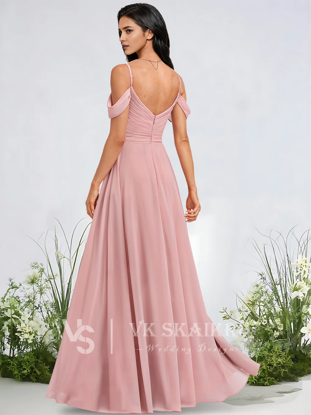 A Elegant Lavender Bridesmaid Dresses Wedding A-Line Cold Shoulder Floor-Length Chiffon Gowns Cocktail Guest Evening Party Dress