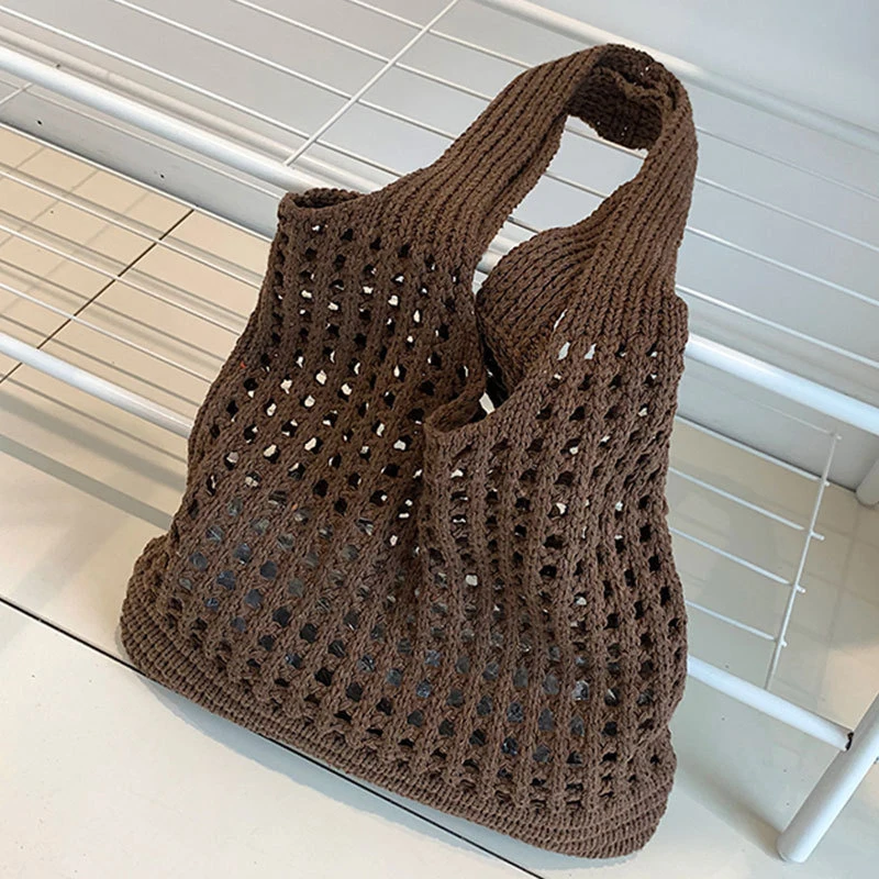 Bolsa de malha artesanal feminina, grande capacidade, malha oca, bolsa de ombro, bolsas de praia de verão, bolsas de compras, moda