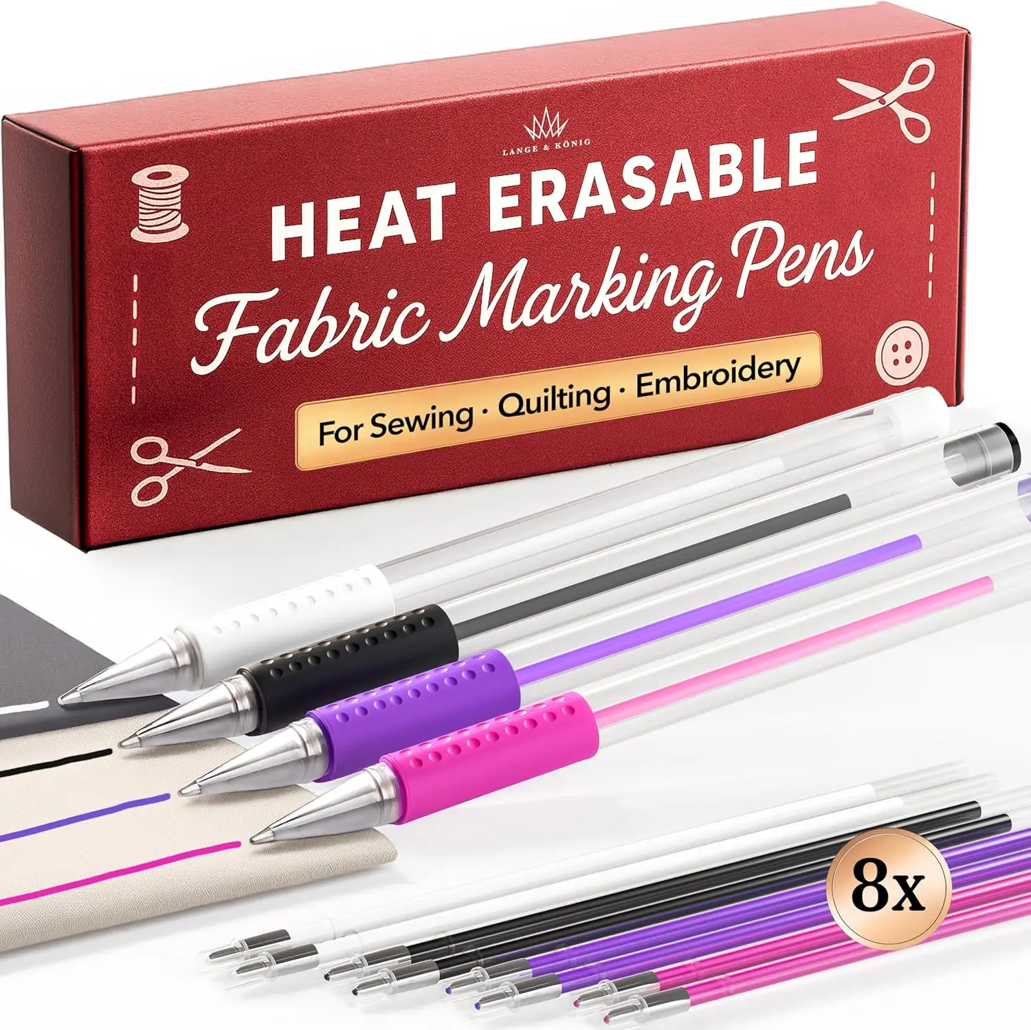 

Heat Erasable Fabric Marking Pens for Sewing - 4 Pens + 8 Refills - Quilting Supplies, Tailor Chalk Alternative, 3000ft Coverage