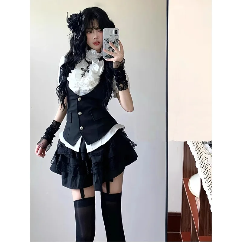 

Gothic Vintage Shirt Short Skirt Vest Three-Piece Set Summer 2025 College Style Women's Hanfu Clothing Brand Unbranded