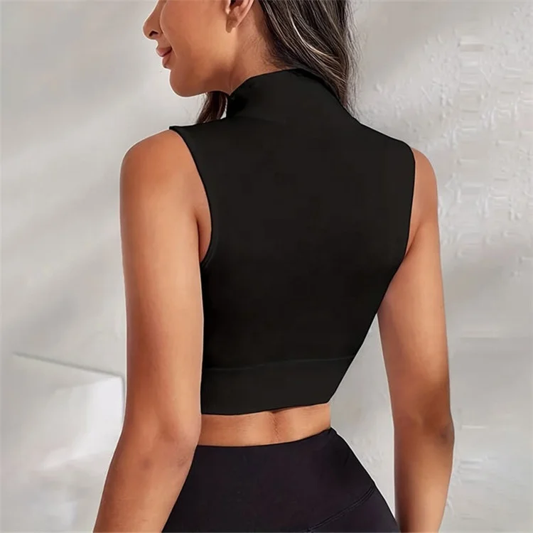 Women Sport Sleeveless Crop Top Sexy Zipper Elastic Yogo Vest Seamless Solid Tights Workout Fitness Jogging Vest