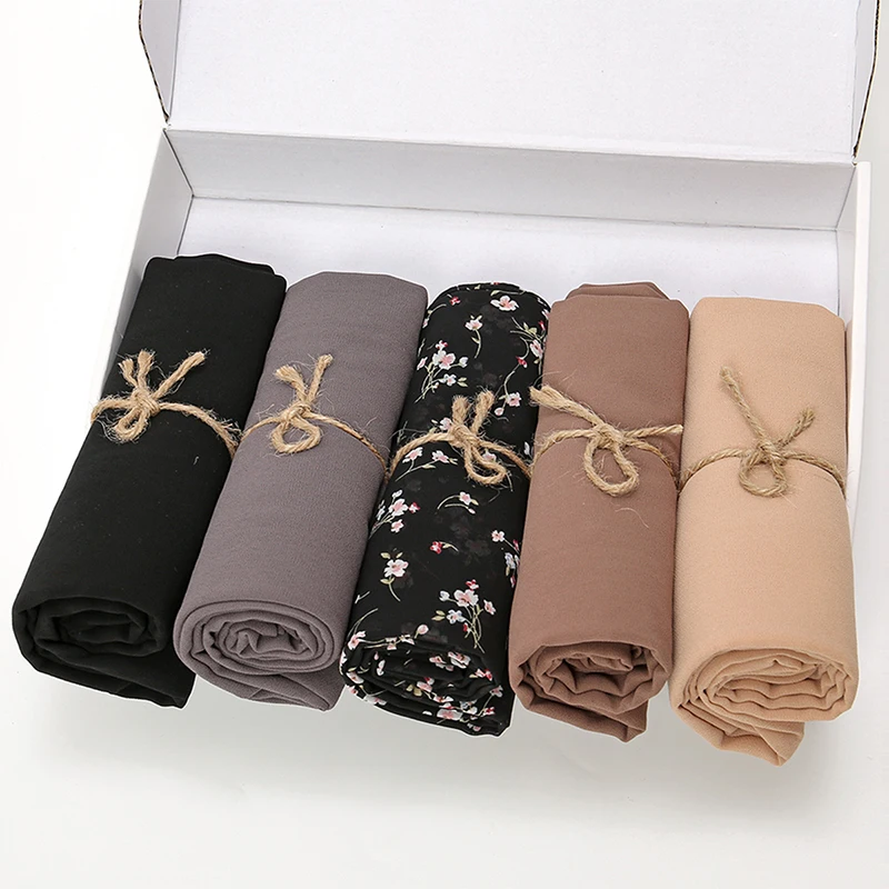 5PCS/Box Pupre Print Bubble Chiffon Hijab Scarf Women Solid Color Muslim Shawls Hijabs Headband Islamic Headscarf Foulard Femme