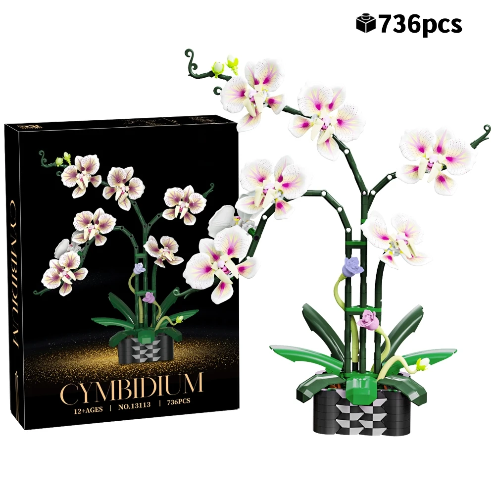 

MOC Creative Building Blocks Orchid Bouquet Set Phalaenopsis Flowers Plant Everlasting Valentine Gift for Girls Kids 736pcs
