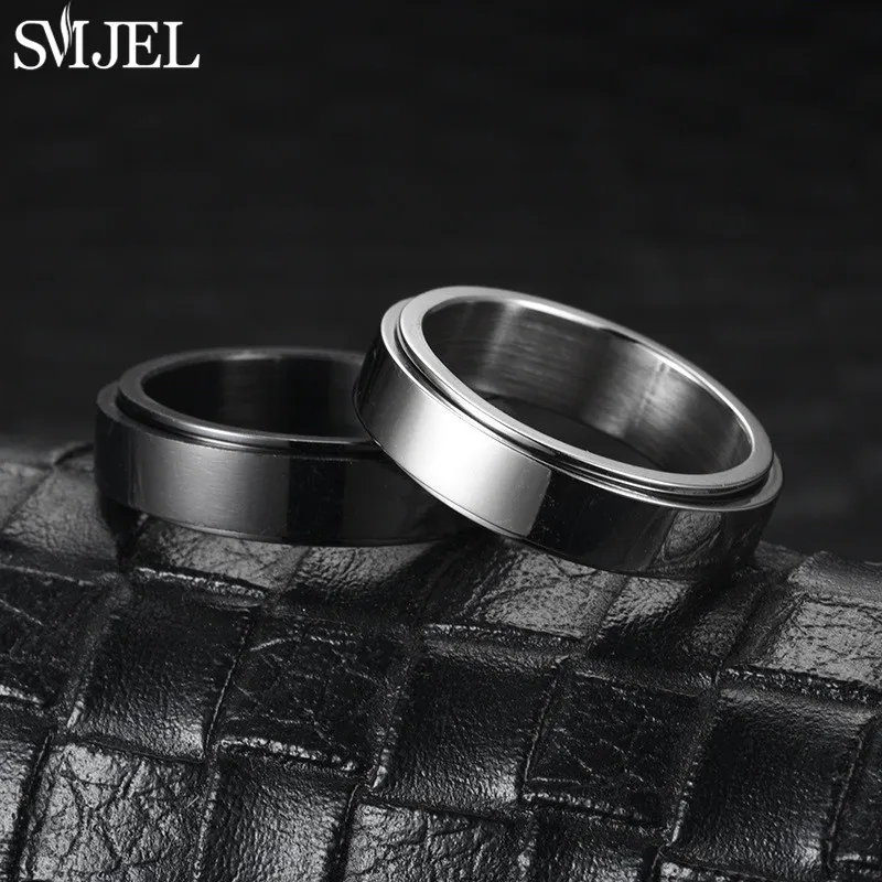 Punk Anti Stress Fidget Spinner Ring Black for Men Women Stainless Steel Anxiety Knuckle Rings 6/8mm Relaxing Finger Jewelry