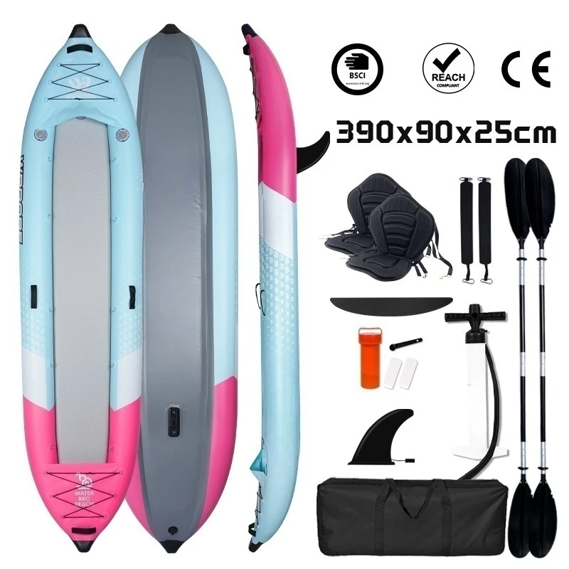 เรือคายัคเป่าลม 3 ห้อง, ทนทาน รับน้ำหนักได้ 200 กก. ทำจาก PVC พร้อมวาล์วระบายน้ำและครีบเร็วสำหรับตกปลา