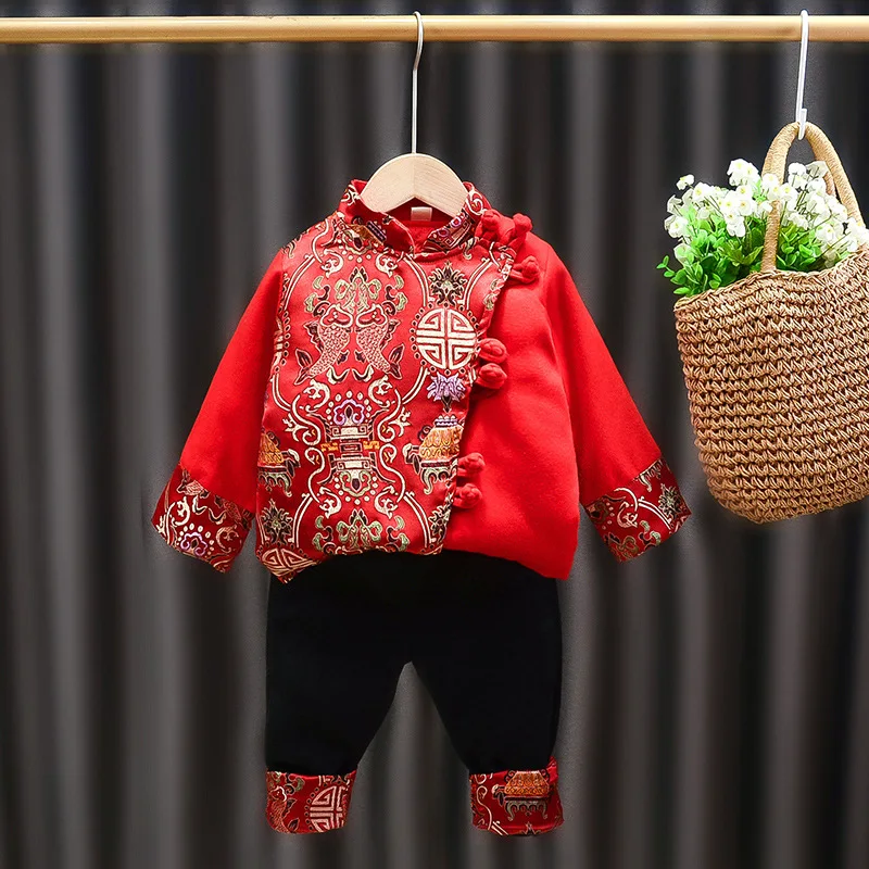 Girls\' Hanfu For Children And Children\'s Daily Chinese Style Plus Cotton Thickened Two-piece Boys\' Chinese New Year Clothes