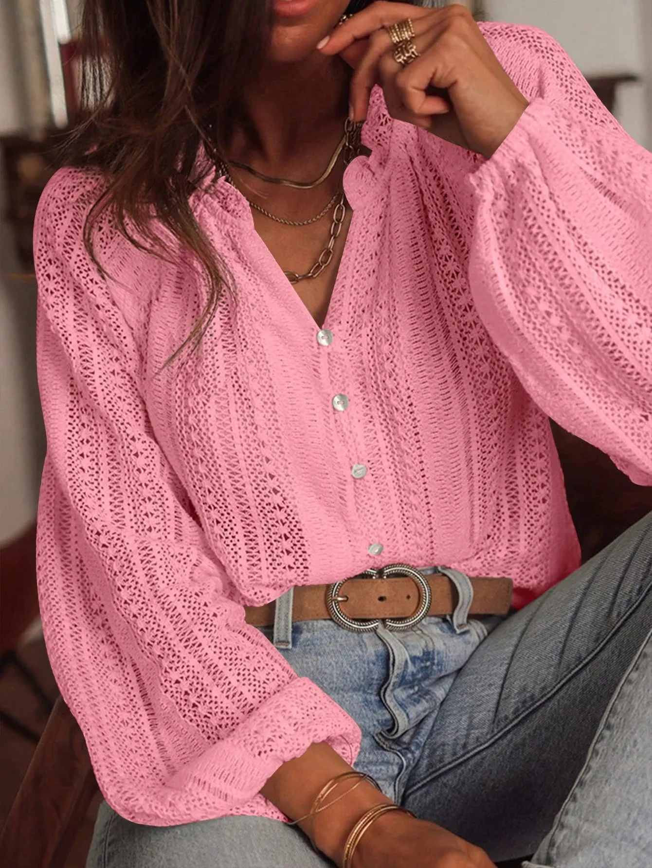 

Fashion Woman Clothing Spring Autumn Solid Color Hollow Fashion Versatile Lace V-neck Single-breasted Button Long Sleeve Shirts