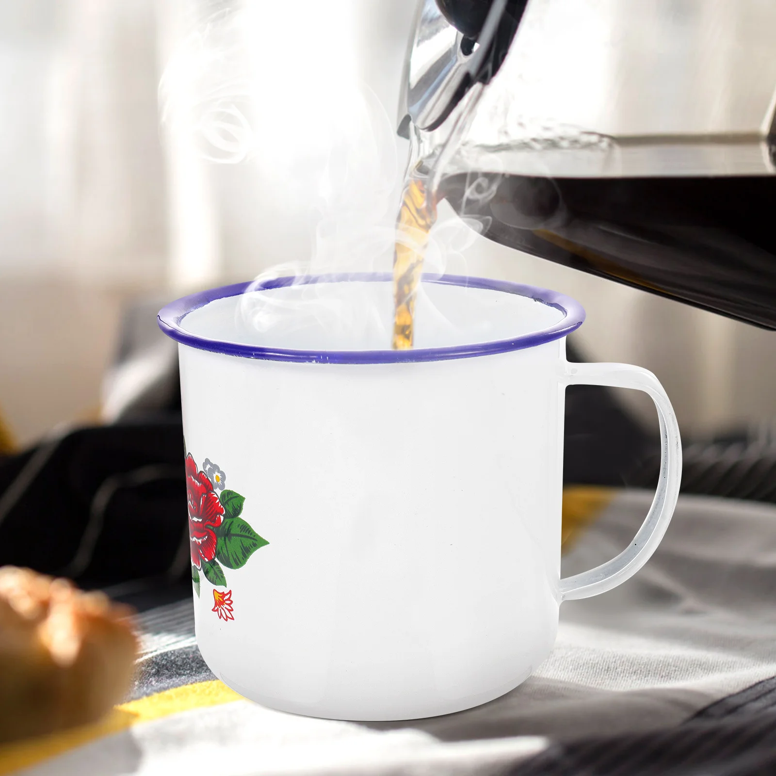 

2Pcs Enamel Coffee Mug Retro Style Smooth Surface Anti-Rust Tea Brewing Cup Comfortable Handle Indoor Use Household Teacup