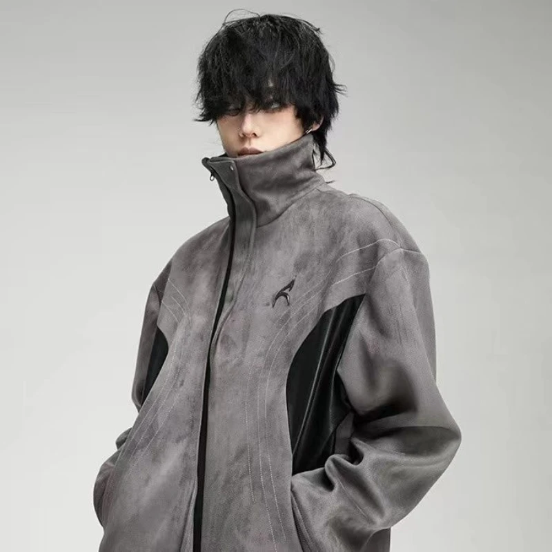 

American Retro Contrast Design Suede Jacket for Unisex Spring and Autumn Stand Collar Long Sleeve Splicing Fashionable Jacket