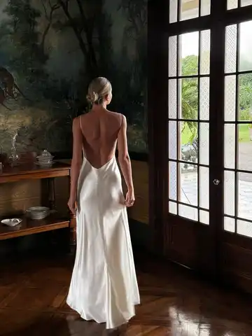 Solid Satin Backless Evening Party Sling Dress Women White V Neck Sleeveless Slit Strap Dresses 2026 Summer Lady Formal Robes